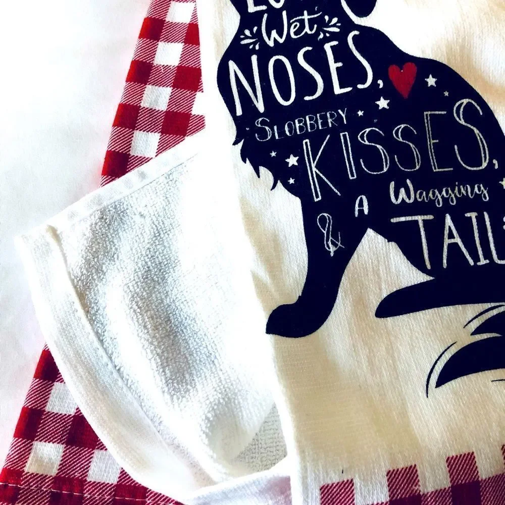 Farmhouse Dog Wet Noses Kisses Wagging Tail Checkered Red Dish Towels